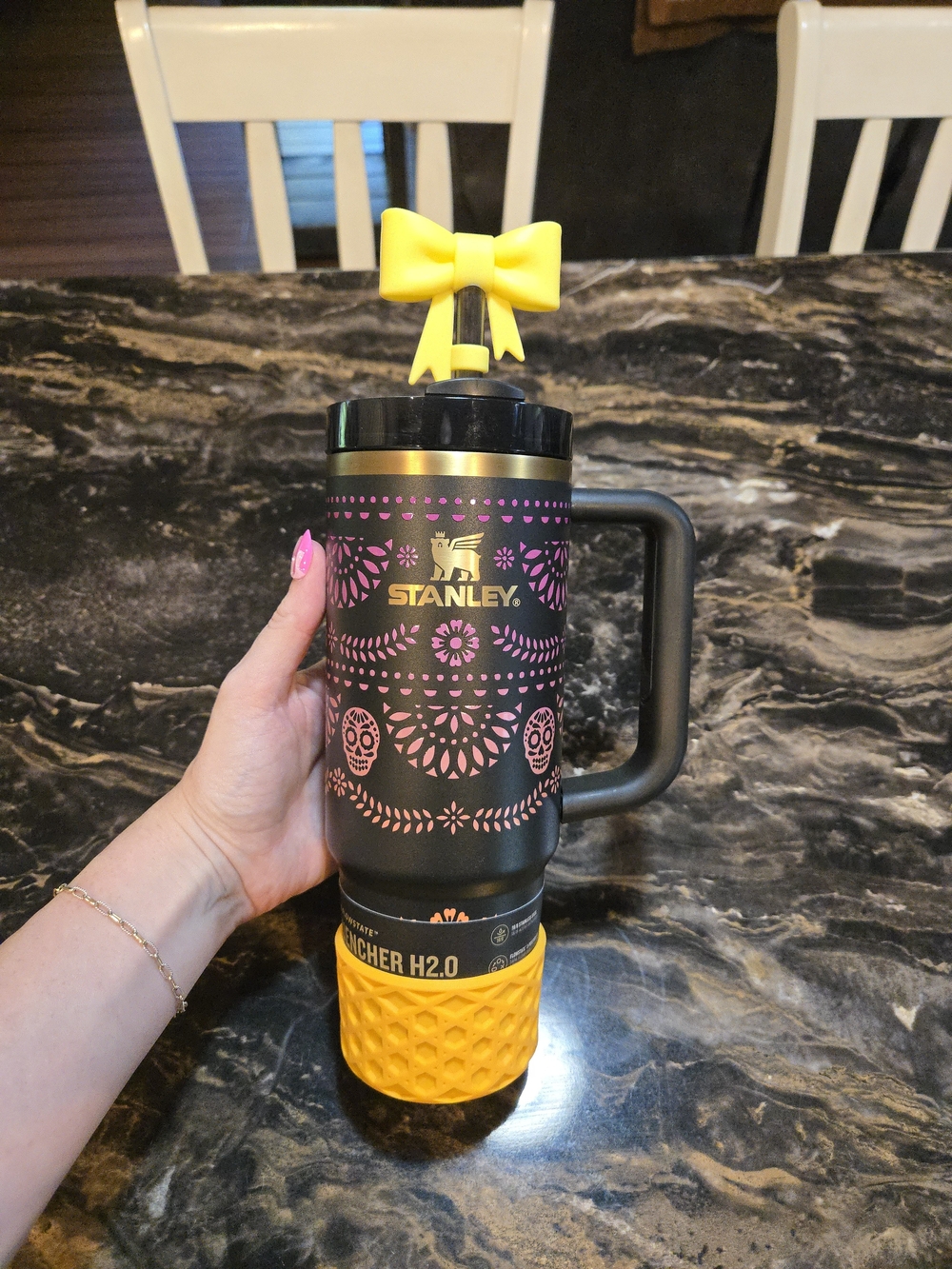 Stanley Black Mug with Pink Pattern and Yellow Accents